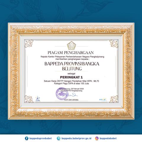 Dapat Nilai IKPA Tertinggi, Bappeda Babel Terima Penghargaan Dari KPPN